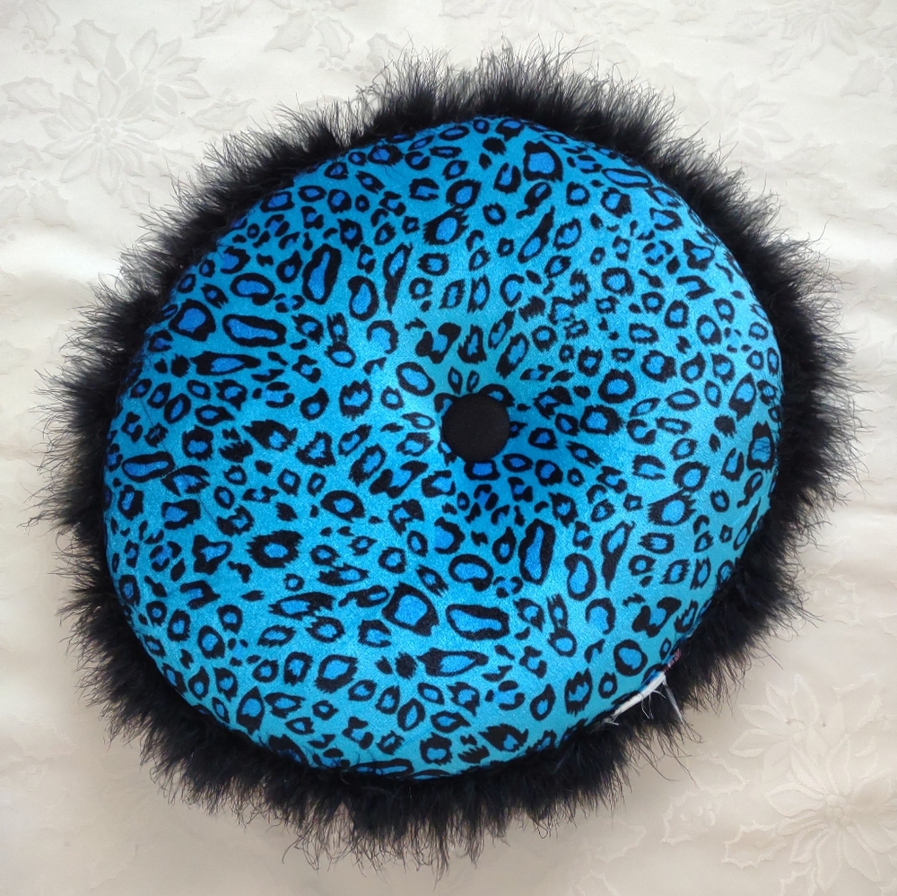 Velvet round Pink Bleu pillow Cushion feather trim Leopard Animal Print - Picture 2 of 6